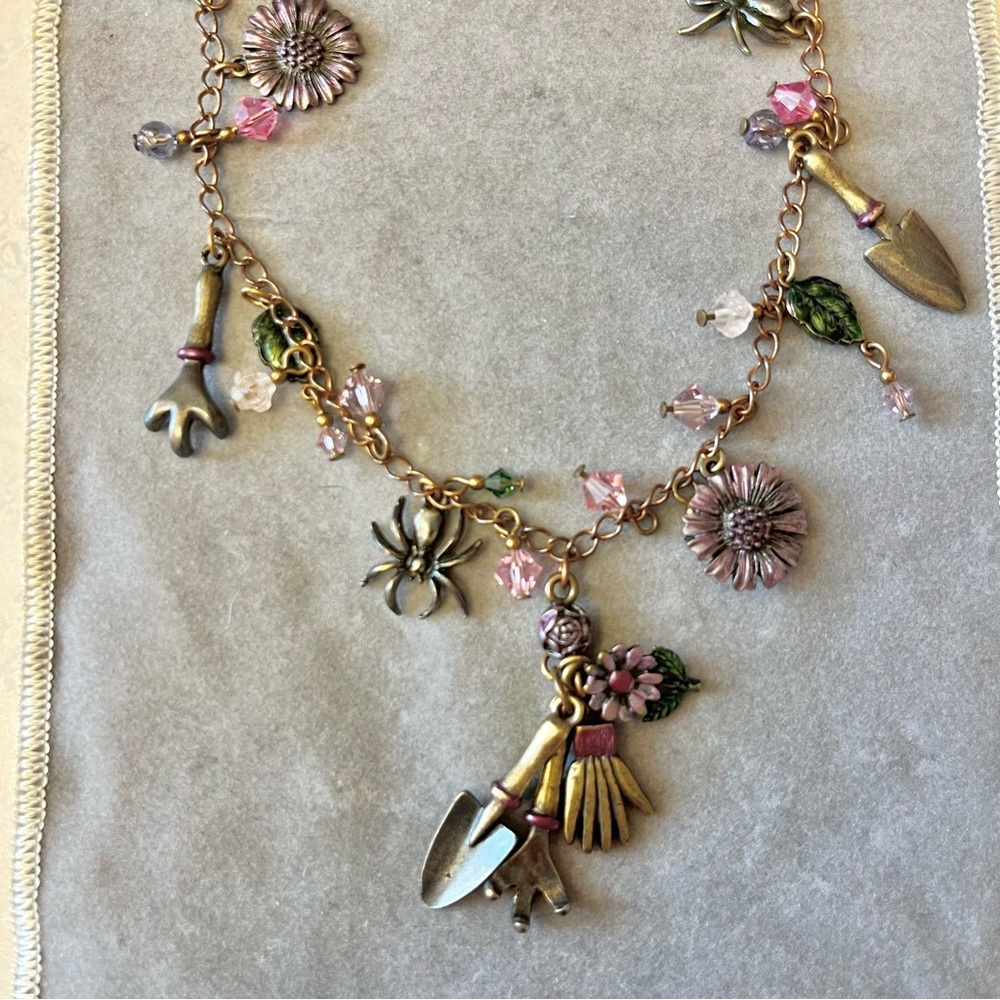 Garden Themed Charm Necklace with Pink Bead Accents Gardening Flowers